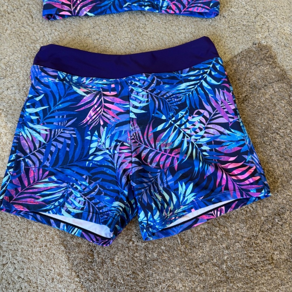 Holipick Women 3 Piece Rash Guard Swimsuit Set Tropical Palm Print Blue Purple S - Picture 4 of 12